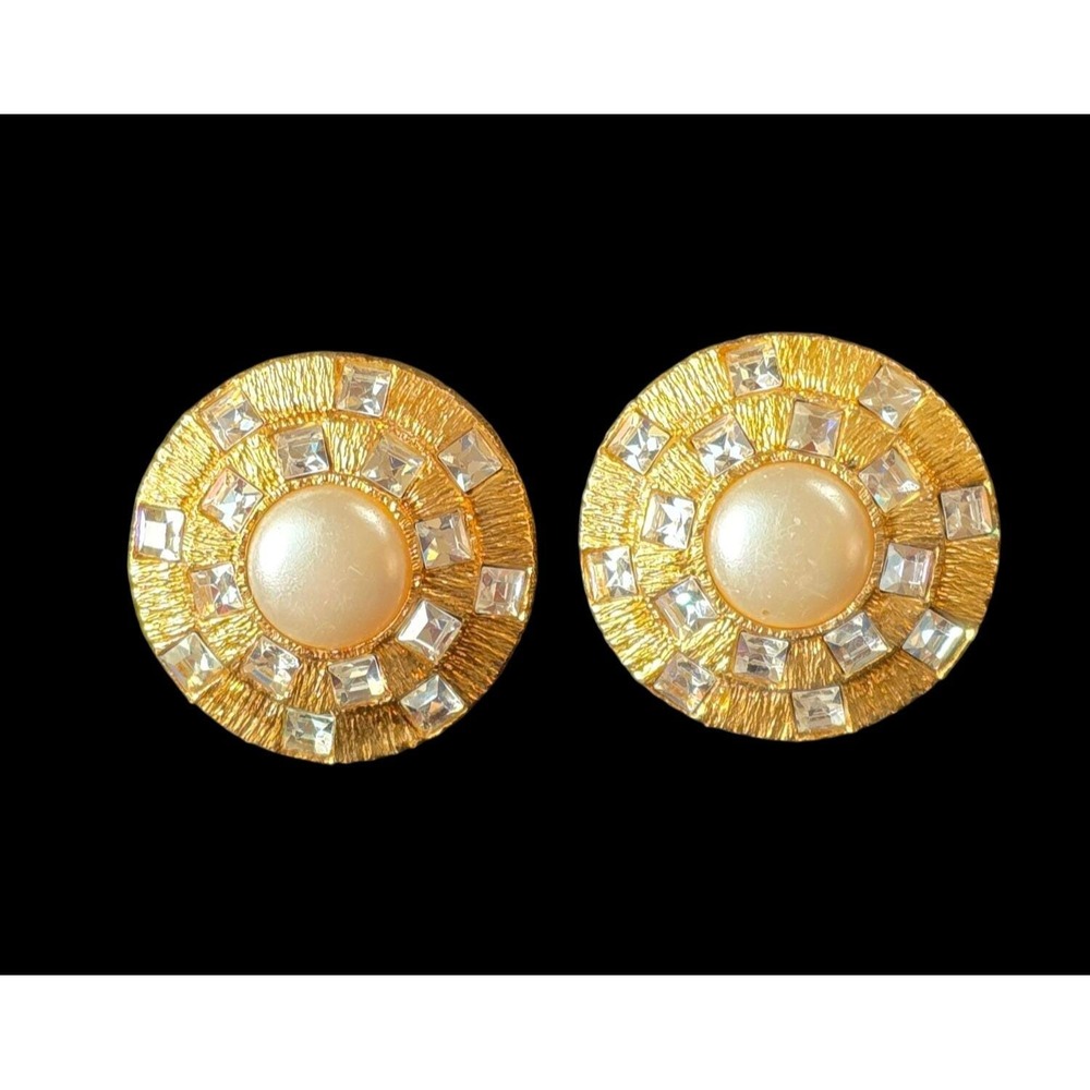 St. John Runway Statement Clip On Earrings Rhinestones Pearl Gold Tone Vintage